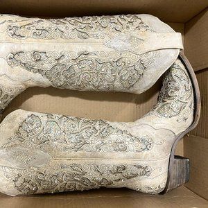 Size 6.5 White Glitter Bedazzled Gem Rhinestone Wedding Corral Cowboy Boots